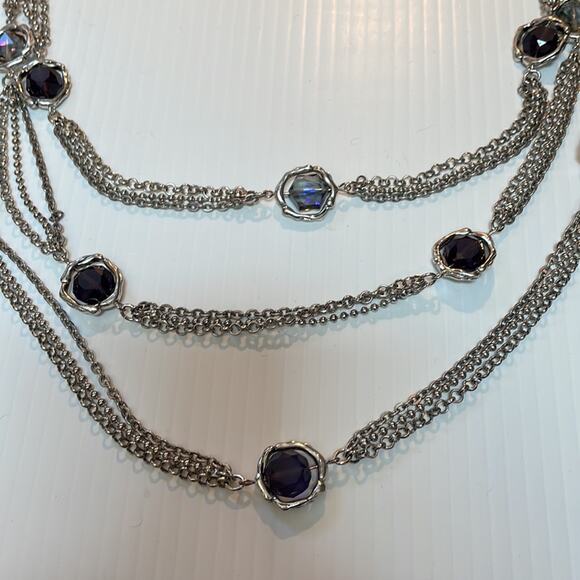 Chico's Long Iridescent Purple Cut Glass Faceted Three Strand Necklace - Picture 6 of 9
